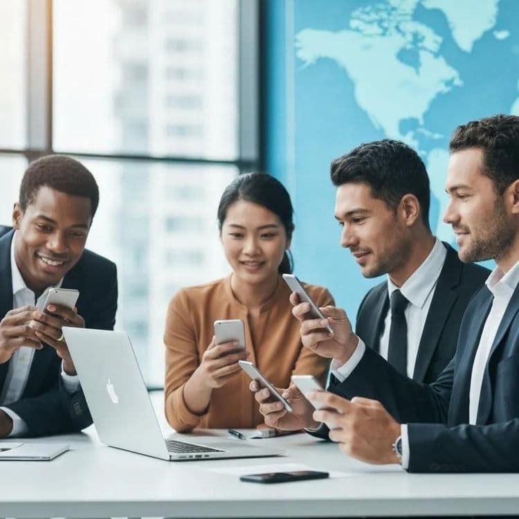 Diverse professionals collaborating in a modern office using WhatsApp for international communication
