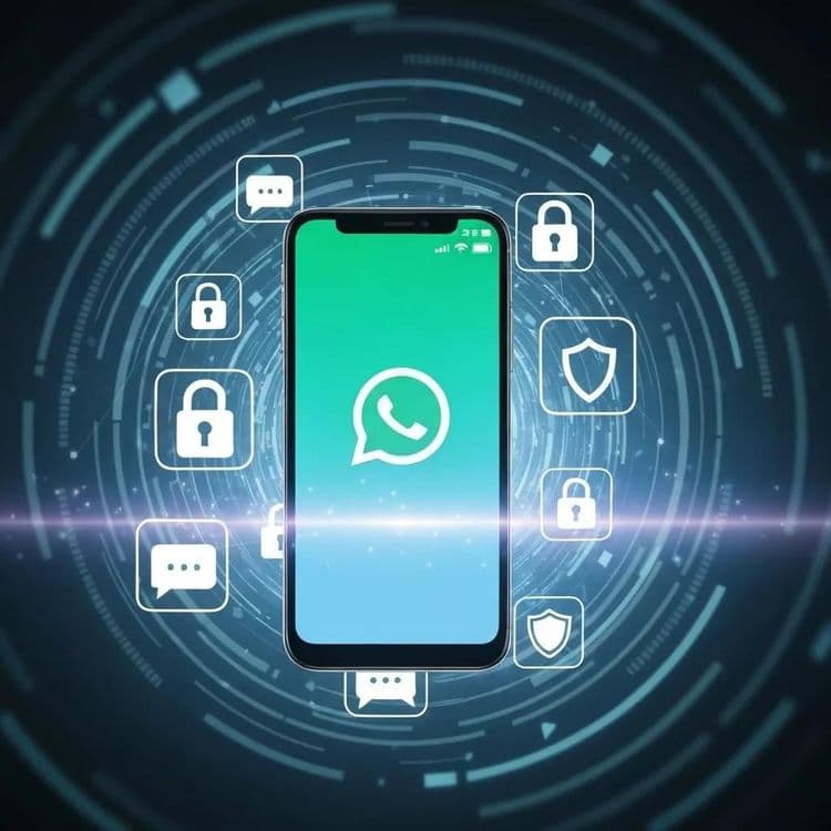 Smartphone with WhatsApp logo surrounded by digital security icons representing data protection and compliance