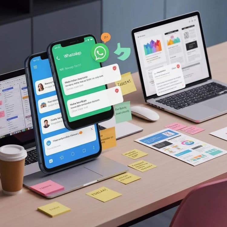 Smartphone displaying WhatsApp notifications in a digital marketing workspace