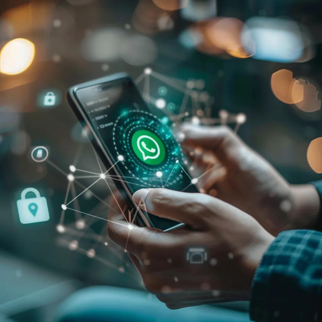 Hands holding smartphone displaying WhatsApp logo with digital network elements, symbolizing WhatsApp marketing and communication strategies for business engagement.