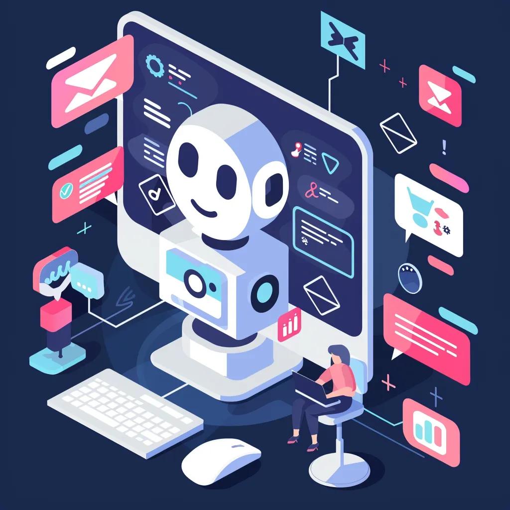 Illustration of a friendly AI chatbot interacting with various digital communication elements on a computer screen, representing automation and customer engagement solutions for CRM systems.
