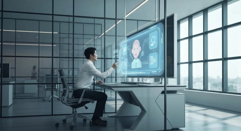 Person interacting with a digital assistant showcasing AI benefits in a modern workspace