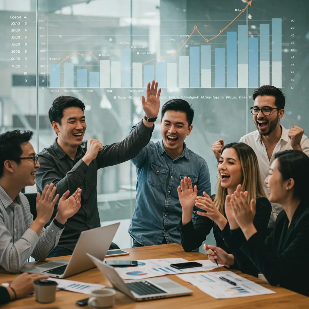 Marketing agency team celebrating success with growth metrics in the background