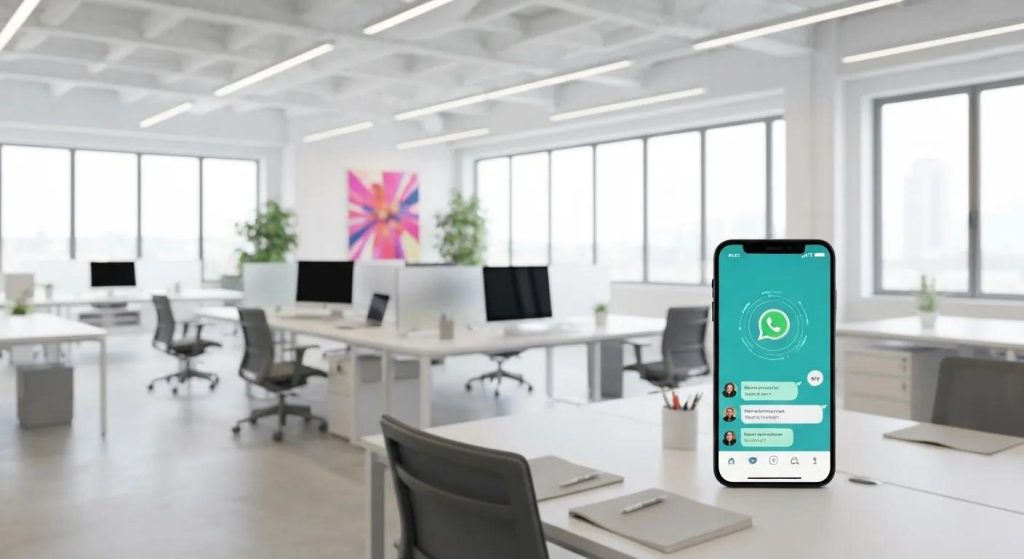 Smartphone showing WhatsApp conversation with AI integration in a modern office