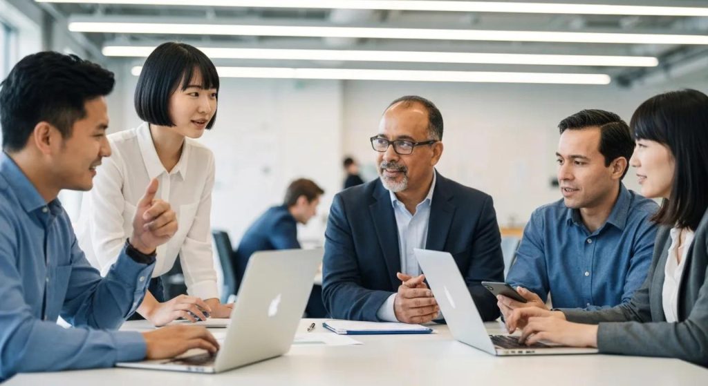 Team of professionals collaborating on WhatsApp and AI strategies in a modern office