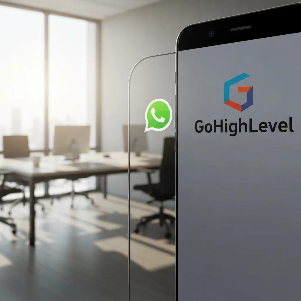 Smartphone with WhatsApp and GoHighLevel logos in a modern office setting