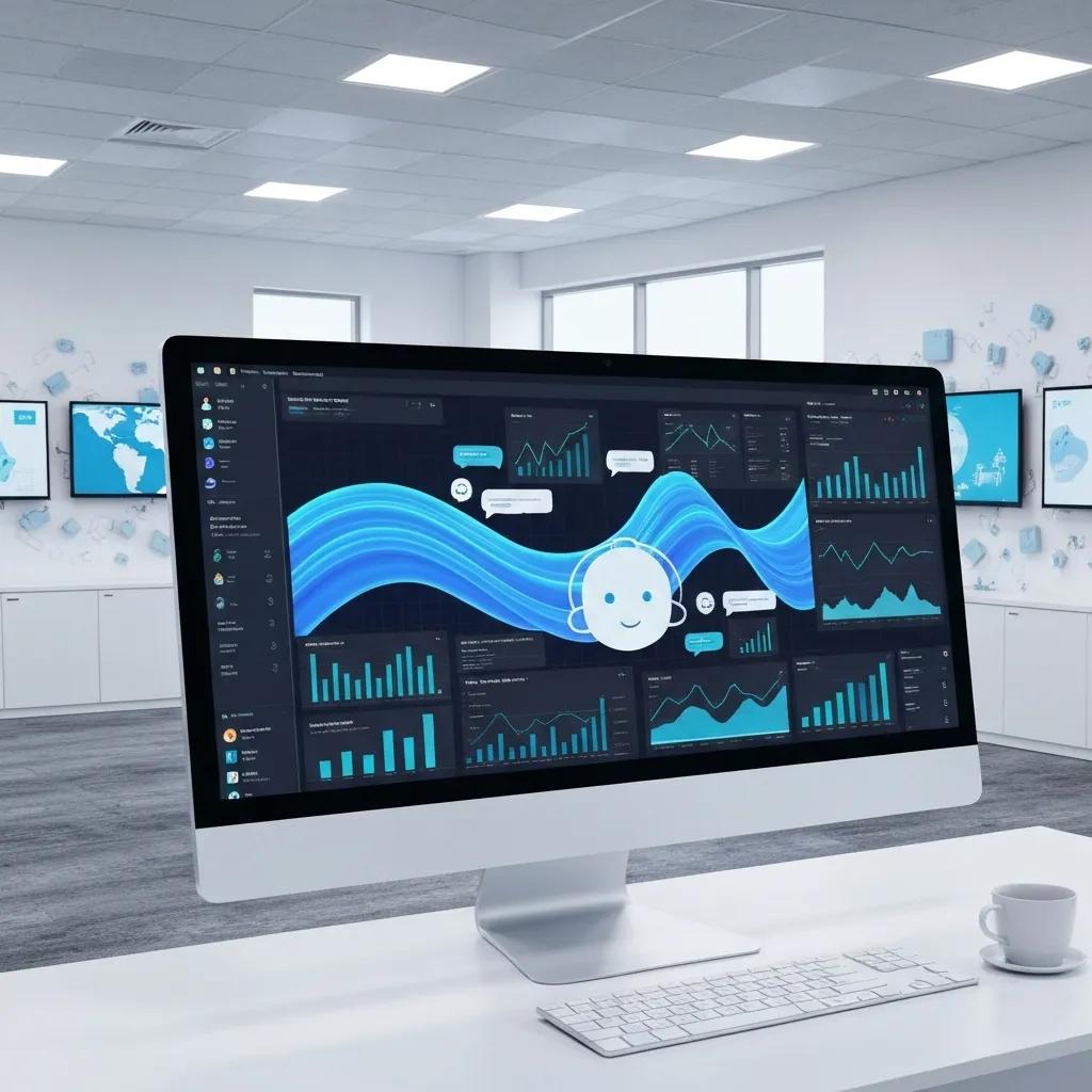 Futuristic AI interface on computer screen, showcasing chatbots and data analytics for WhatsApp integration