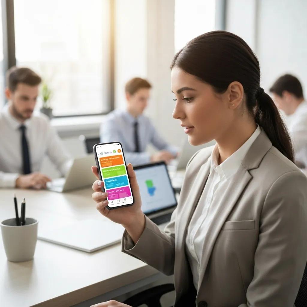 Business professional engaging with customizable WhatsApp templates on a smartphone in a modern office