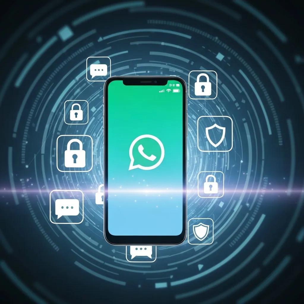 Smartphone with WhatsApp logo surrounded by digital security icons representing data protection and compliance