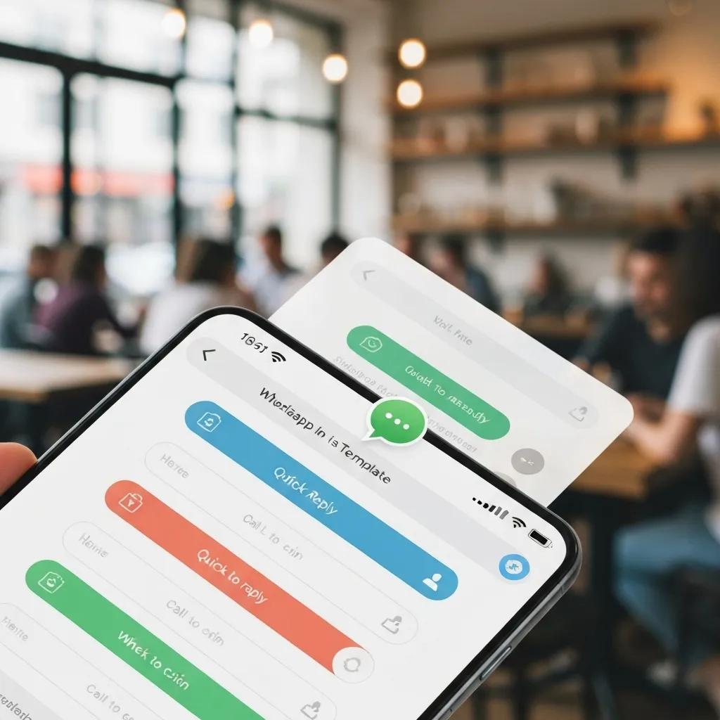 Close-up of WhatsApp interactive features including quick replies and call-to-action buttons on a smartphone