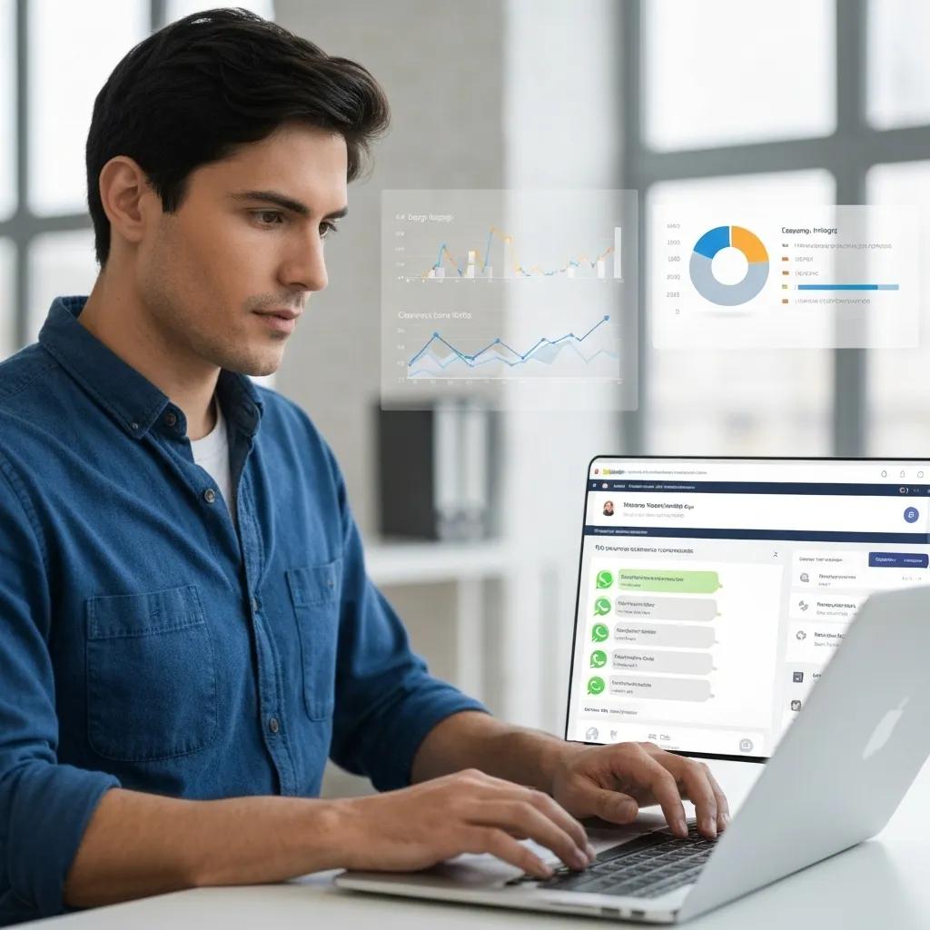 Marketing professional managing WhatsApp communications in a CRM