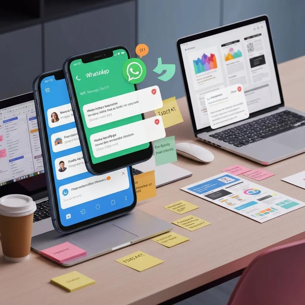 Smartphone displaying WhatsApp notifications in a digital marketing workspace
