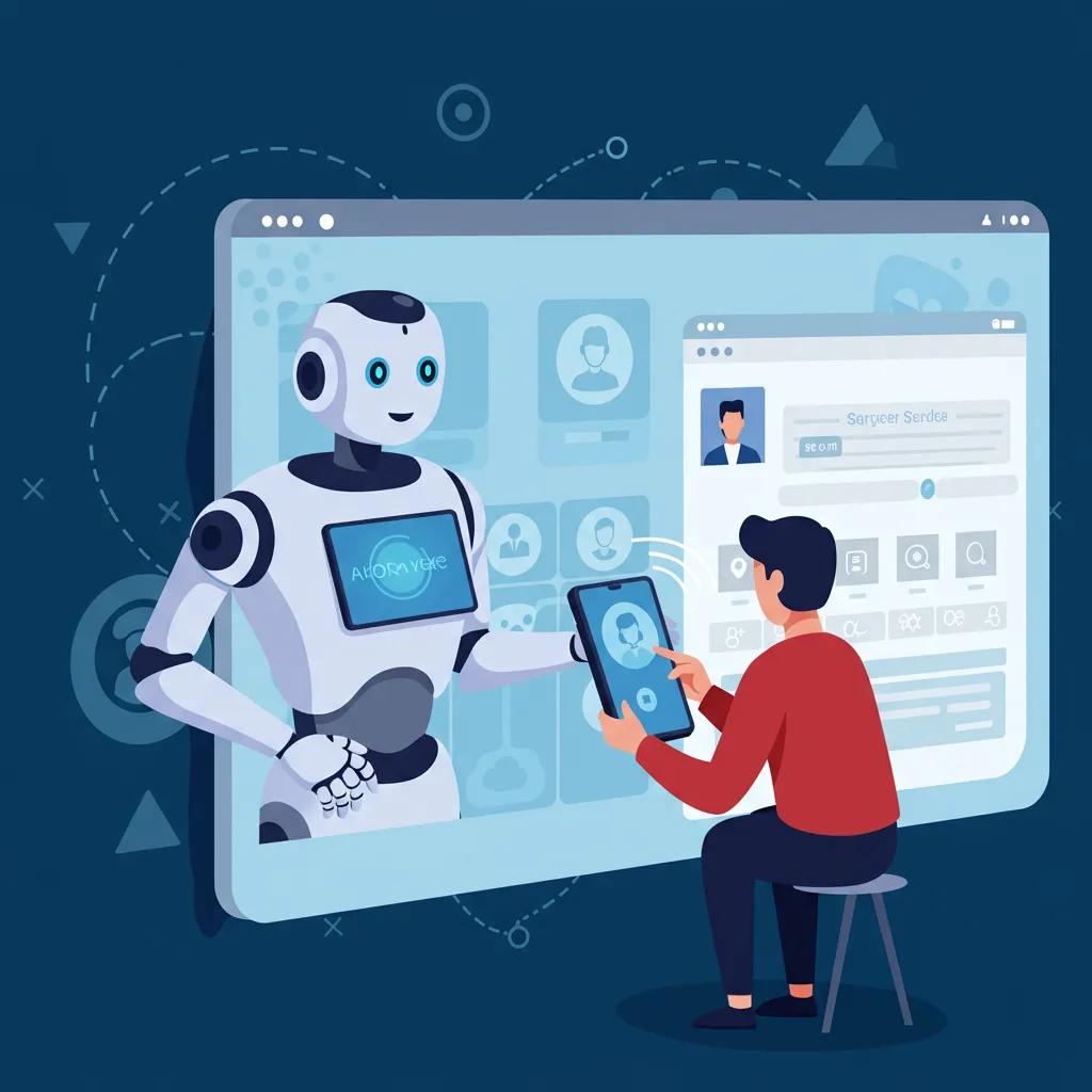 Robot de IA asistiendo a un usuario con reservas en un smartphone