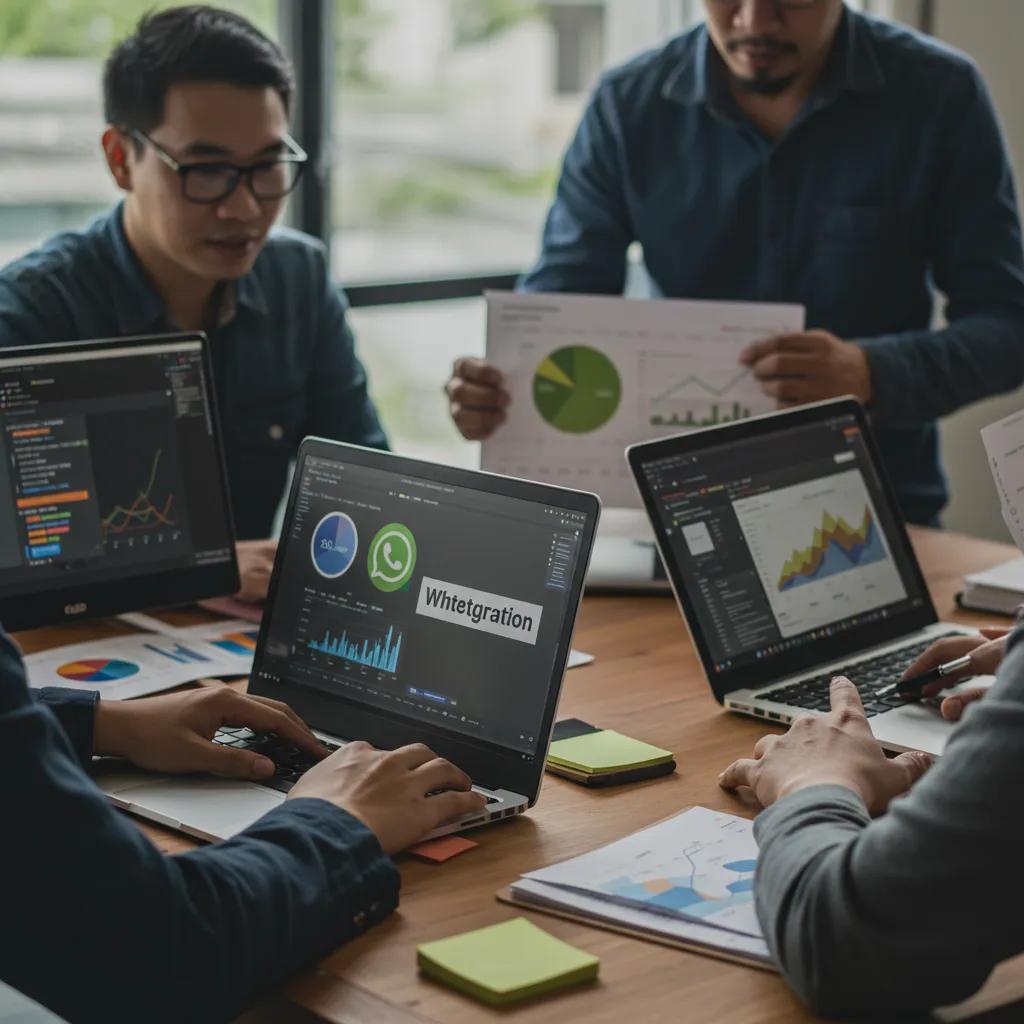 Equipo de agencia de marketing digital colaborando en estrategias de integración de WhatsApp, destacando el trabajo en equipo y la tecnología