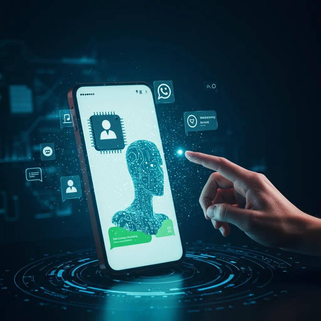 Representación visual de IA interactuando con una interfaz de chat de WhatsApp, optimizando la comunicación.