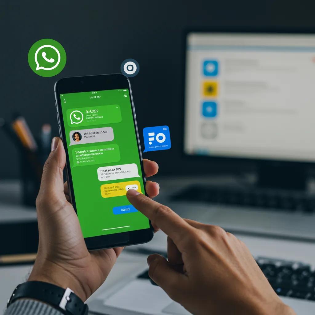 Person using smartphone with WhatsApp interface in a modern office setting