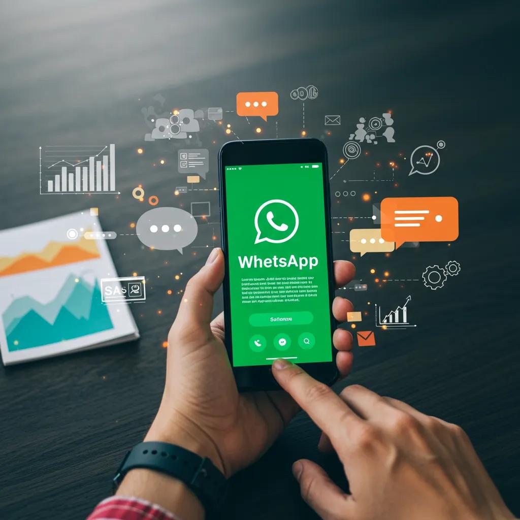 Person using WhatsApp on smartphone with digital marketing elements