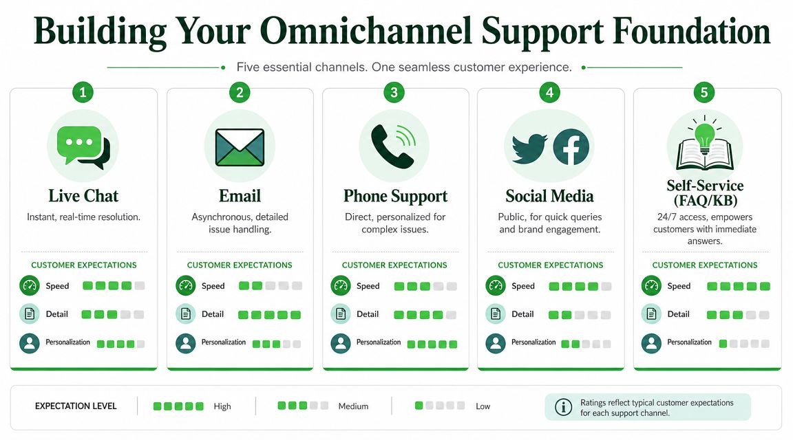 A diagram outlining five essential customer support channels for an omnichannel support strategy.