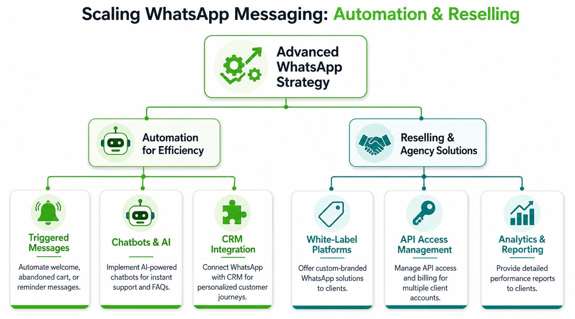 A diagram illustrating strategies for scaling WhatsApp messaging through automation and reselling agency solutions.
