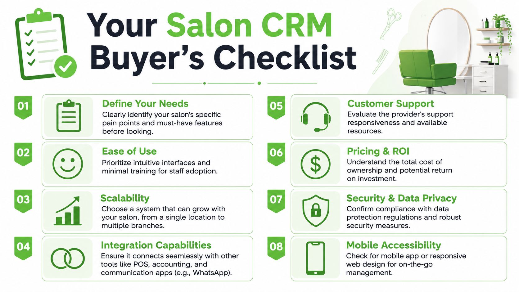 An informative infographic listing eight essential steps for choosing the right salon CRM software for your business.