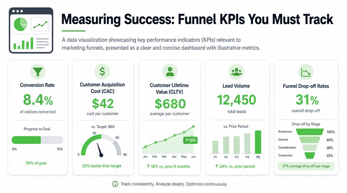 A dashboard infographic illustrating key performance indicators for measuring marketing funnel success and customer metrics.