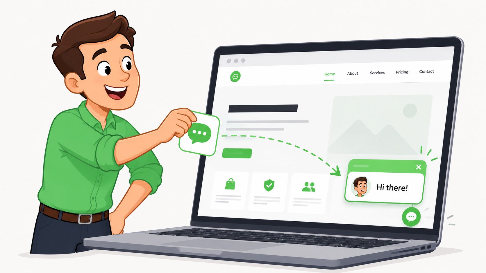 A friendly illustration of a man adding a chat widget icon to a laptop website interface.