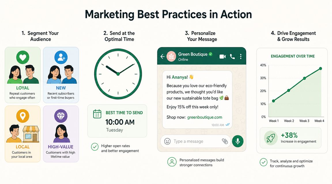 An infographic illustrating four marketing best practices for customer engagement, including segmentation, timing, personalization, and results analysis.