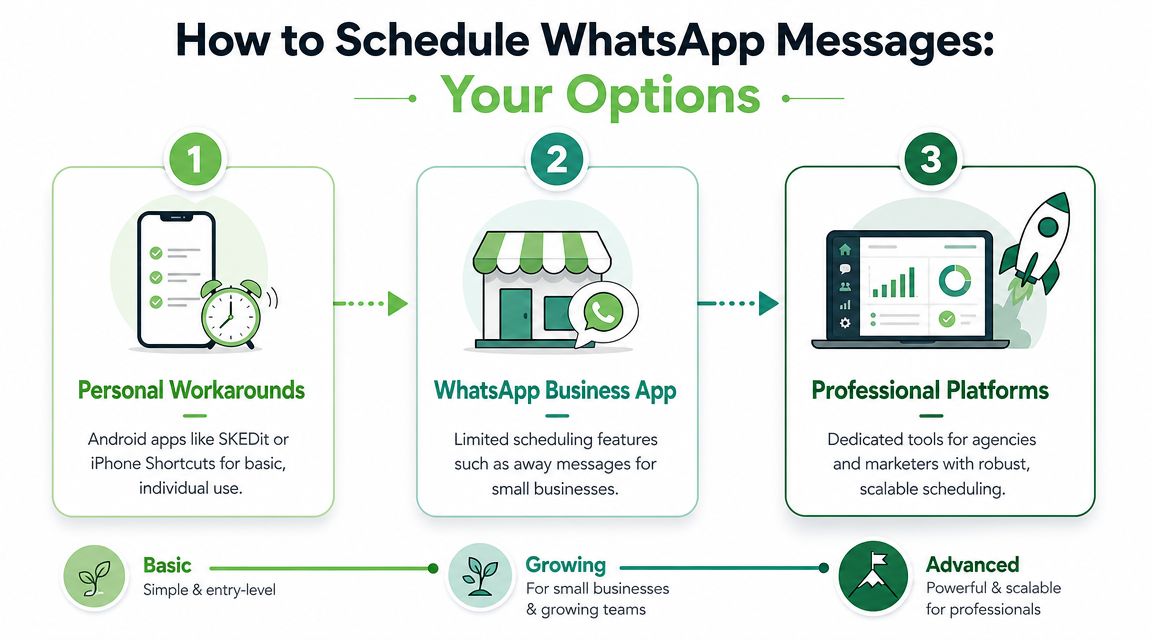 An infographic illustrating three different methods for scheduling WhatsApp messages, categorized by complexity and user needs.