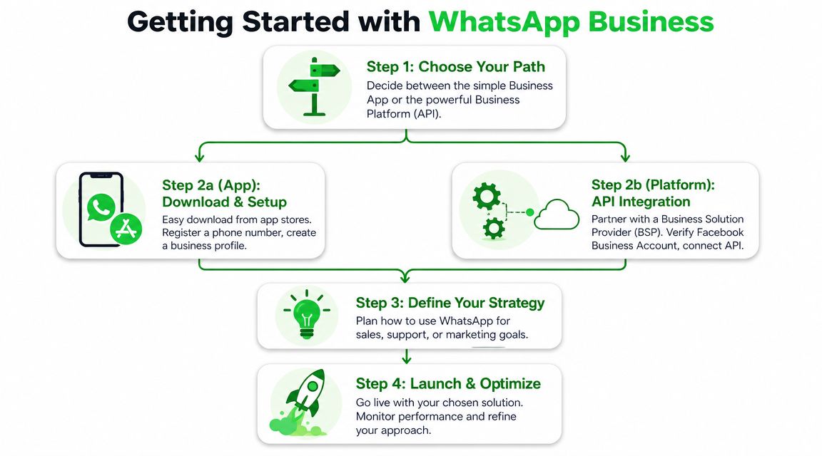 A four-step infographic illustrating how to get started with WhatsApp Business for companies.