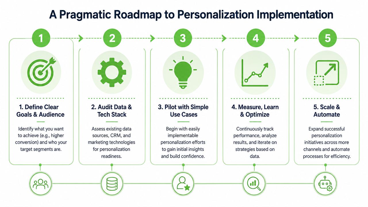 A five-step roadmap infographic for implementing business personalization strategies, ranging from defining goals to scaling automation.