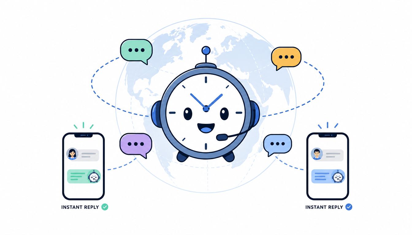 A clock character with a headset connected globally to mobile phones through instant message notifications.
