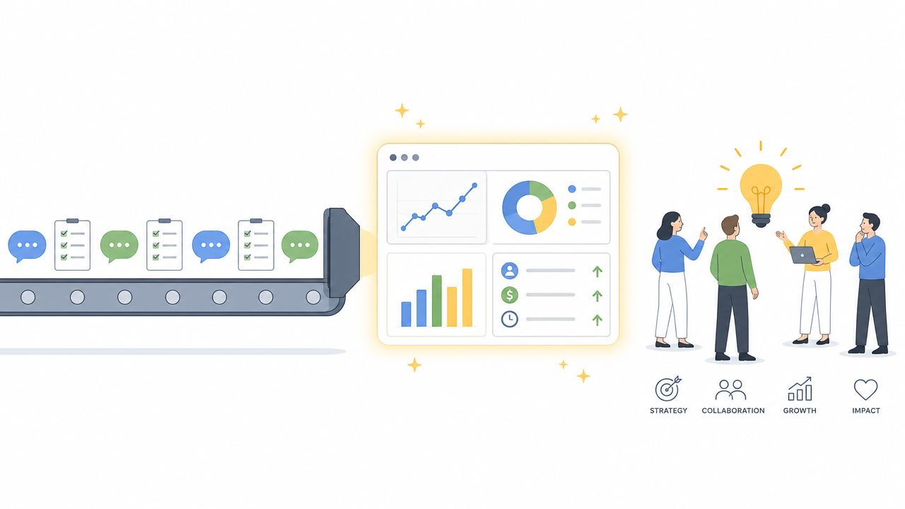 A digital illustration showing a conveyor belt of tasks feeding into a dashboard, resulting in team collaboration.