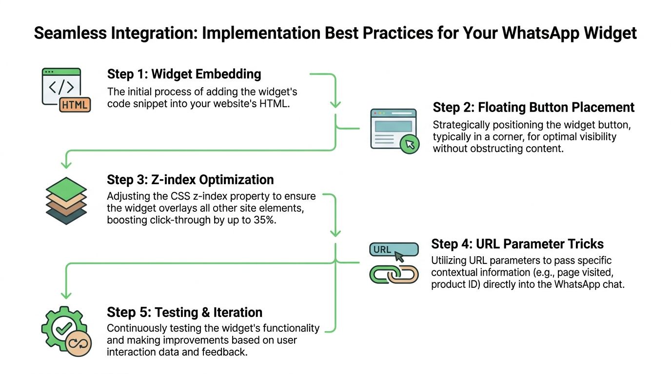 A diagram illustrating five essential steps for integrating a WhatsApp business widget onto a website efficiently.