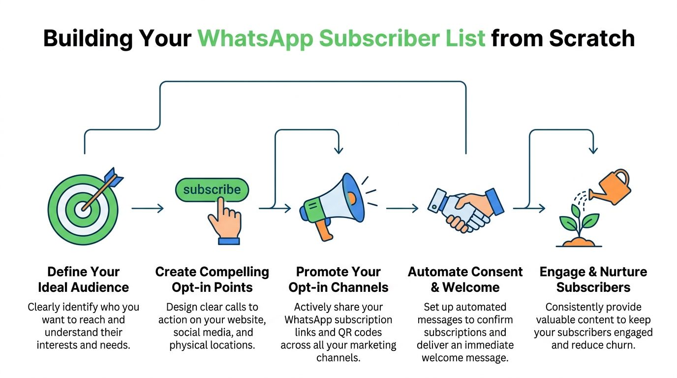 A five-step infographic showing how to build a WhatsApp subscriber list from scratch for business marketing.