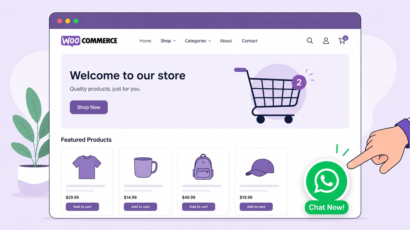 A digital illustration of a WooCommerce store website interface featuring a WhatsApp chat button being pointed at.