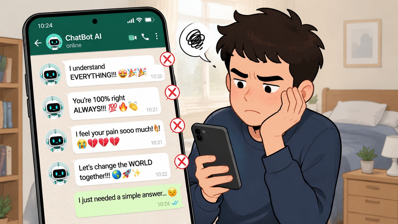 A frustrated man looks at his smartphone while receiving overwhelming, overly emotional responses from an AI chatbot.