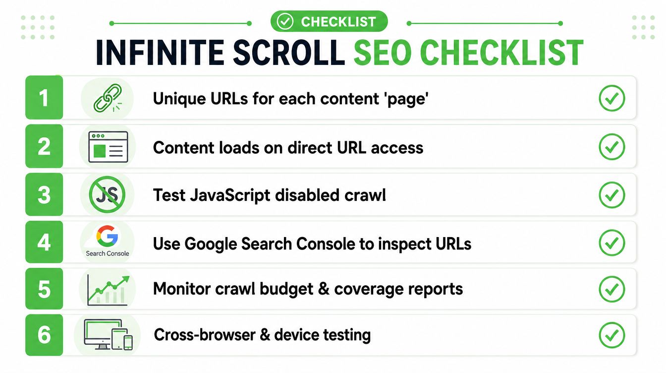 A six-point checklist for optimizing websites with infinite scrolling to ensure better search engine performance.