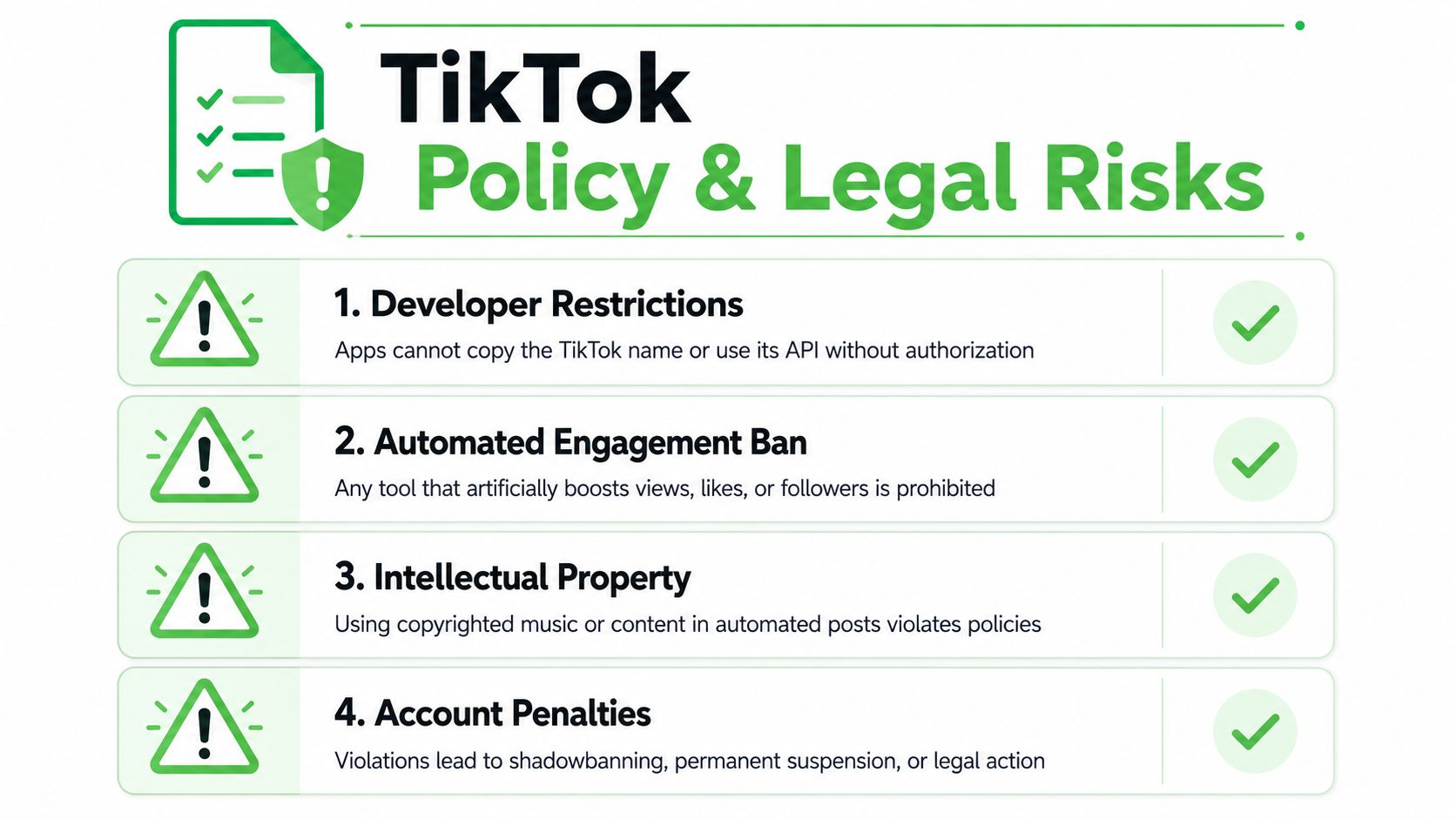 An infographic outlining four key TikTok policy and legal risks for developers and automated software tools.
