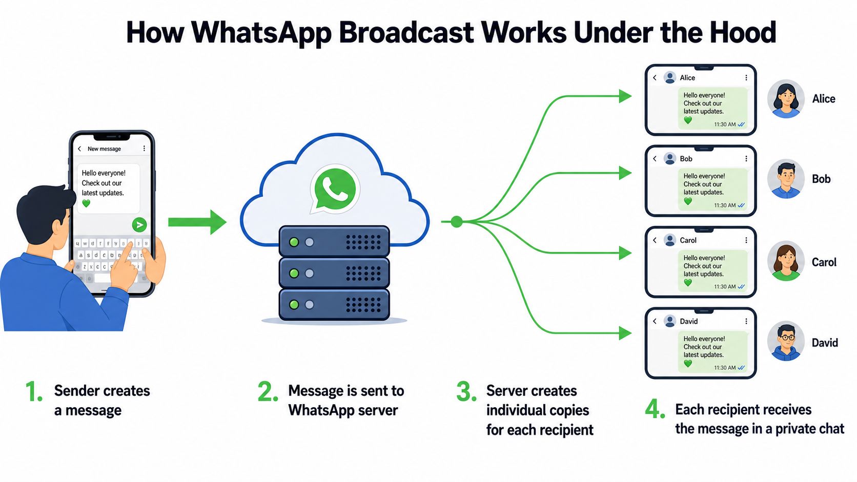 A diagram illustrating how a WhatsApp broadcast message is sent from a sender to multiple individual recipients.