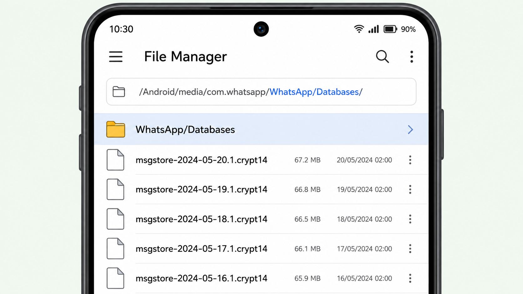 An Android phone screen displaying the File Manager app showing WhatsApp database backup files in a folder.